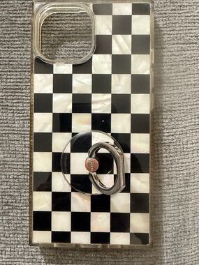 Checkerboard Black & White Phone Case with Silver Ring Grip